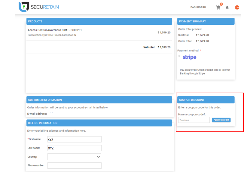 SecuRetain payment details page